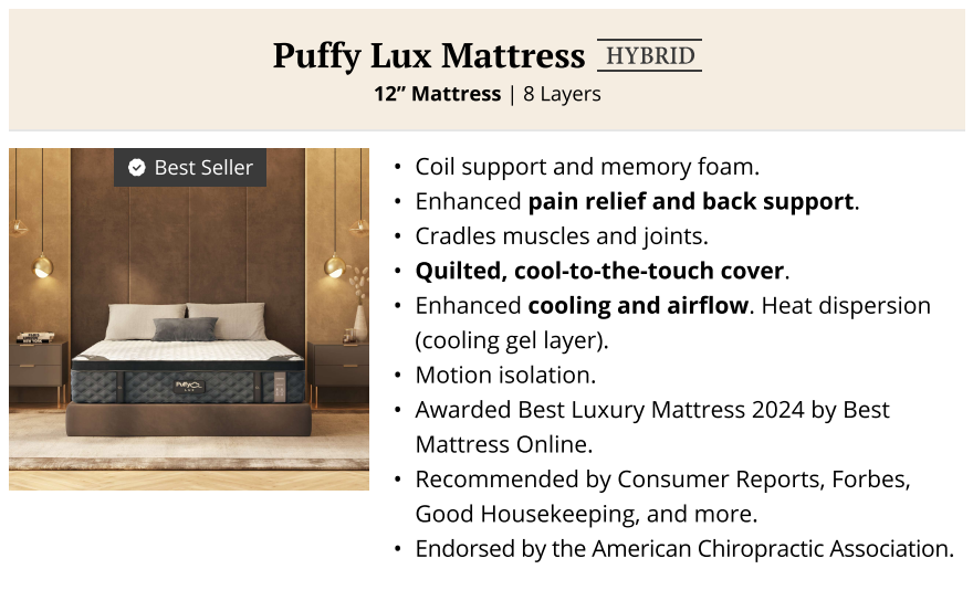 Puffy Lux 12" Hybrid 2.0 – American Mattress Outlet