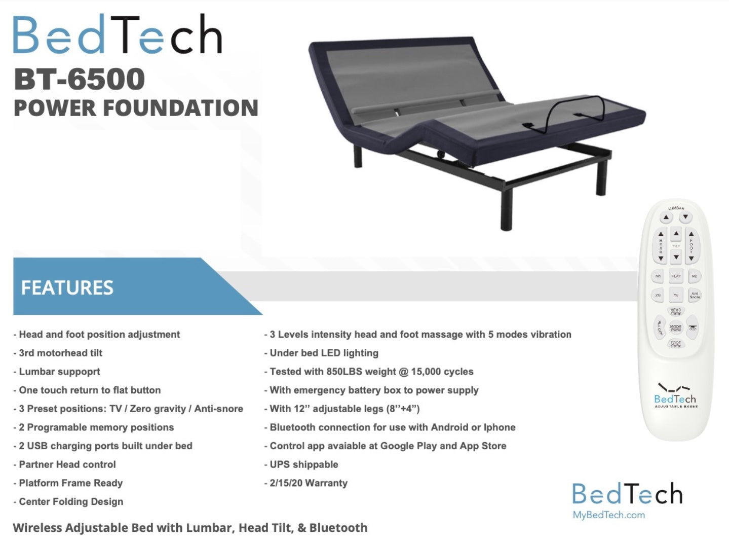 Bed Tech BT 6500 Power Foundation Wireless Adjustable Base