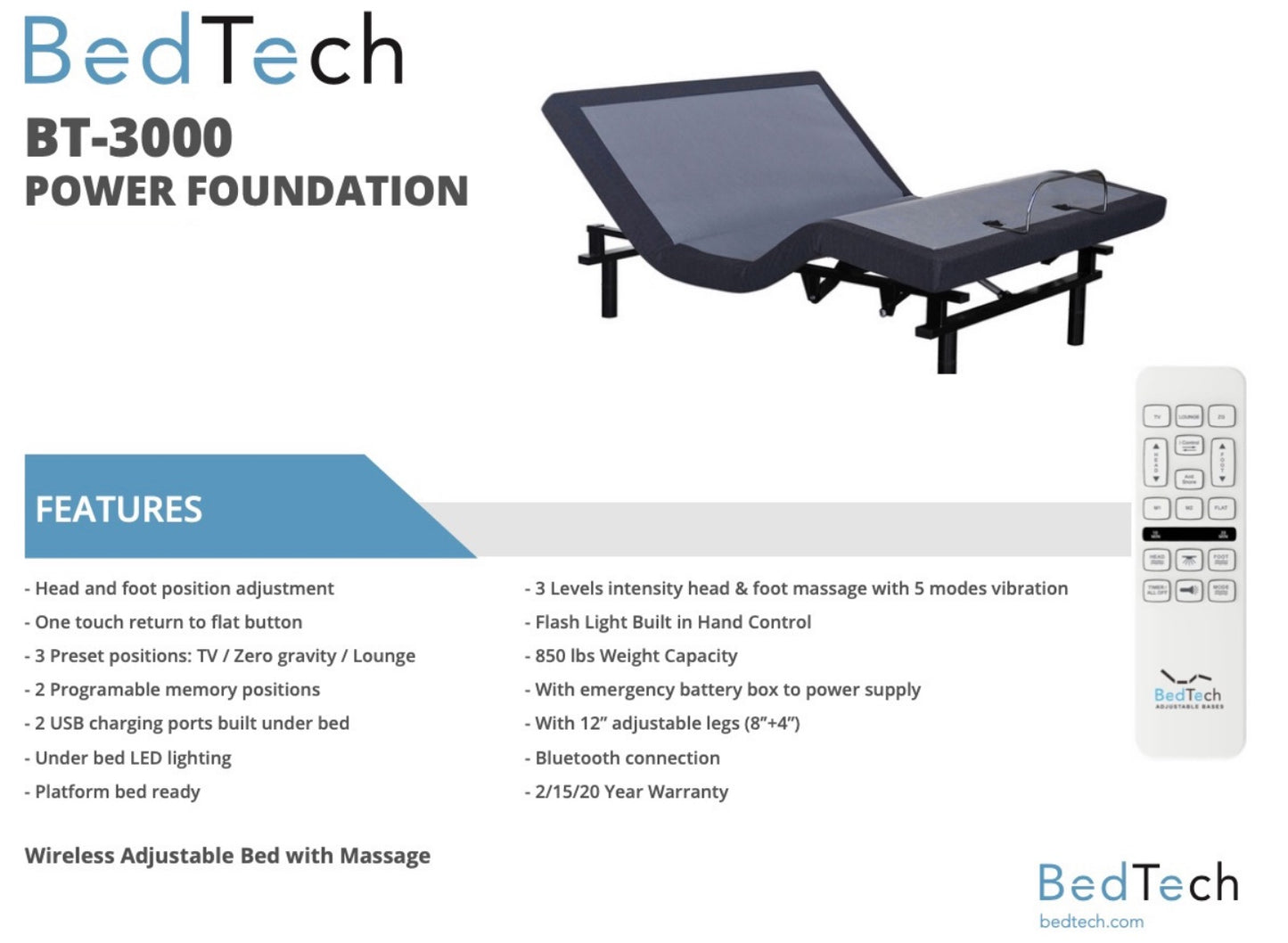 Bed Tech BT-3000 Power Foundation Wireless Adjustable Base